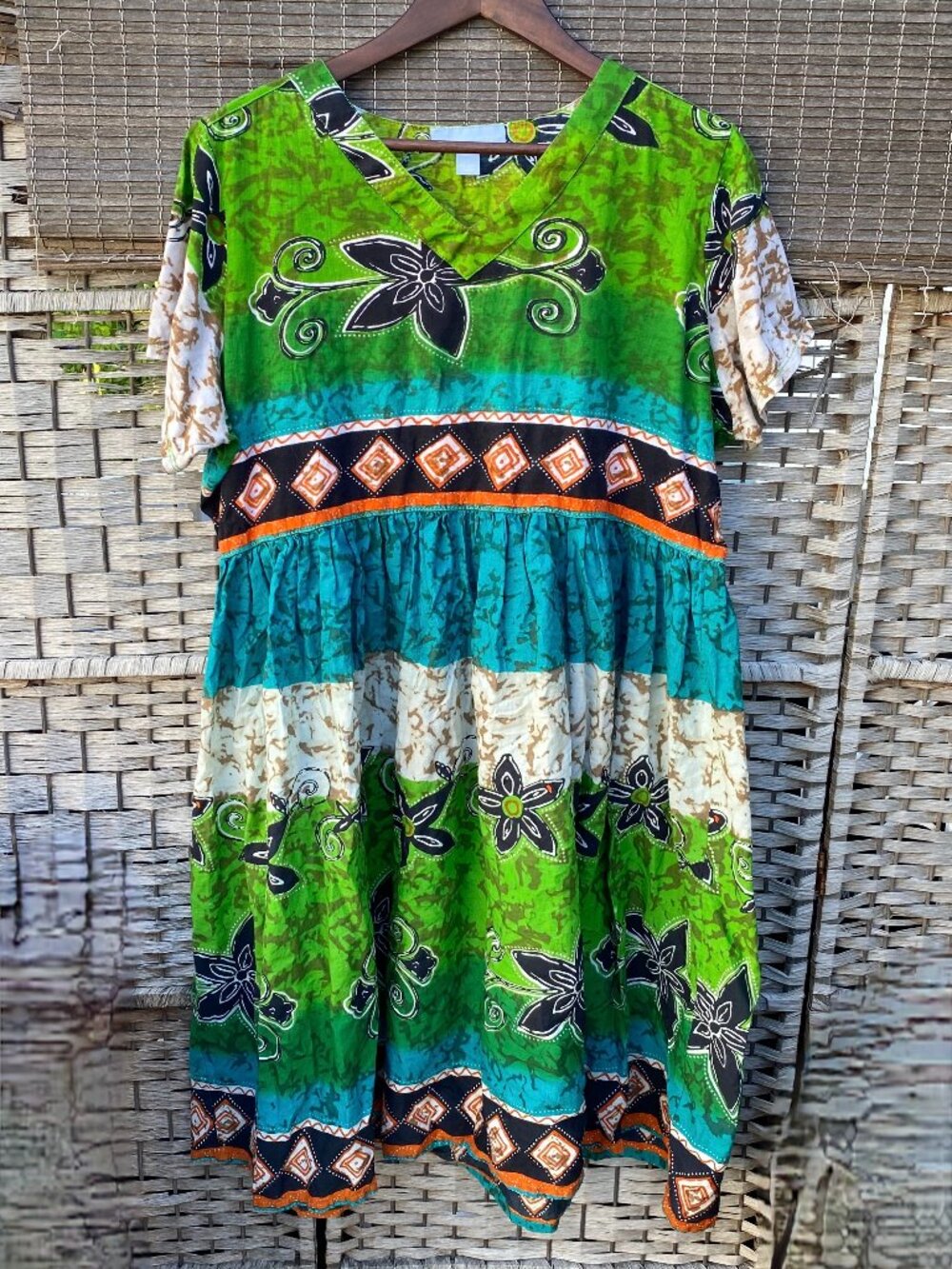 Only Necessities Crinkle Short Sleeve Dress Green Large 100% Cotton India Boho